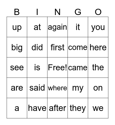 Sight Words Bingo Card