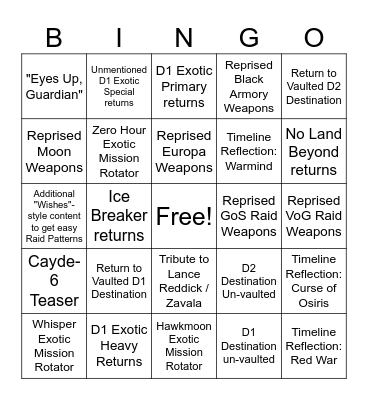 Into the Light Bingo Card