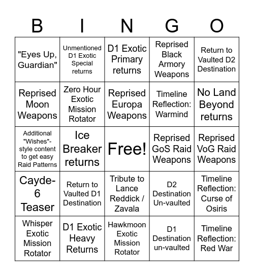 Into the Light Bingo Card