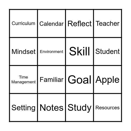 Study Skills Bingo Card