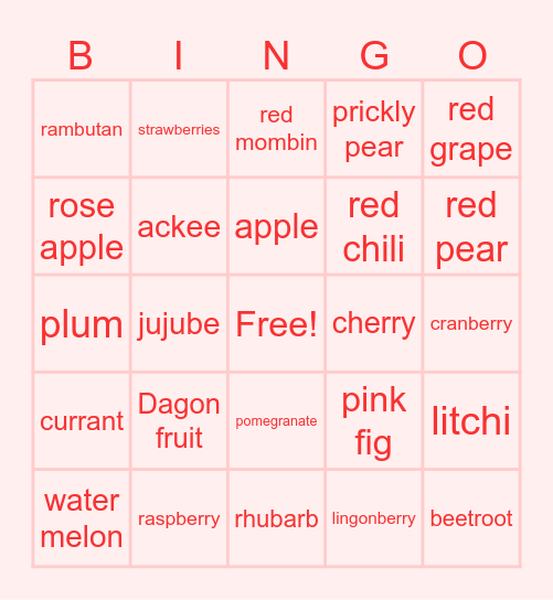 pink and red fruit&vegetables Bingo💖 Bingo Card