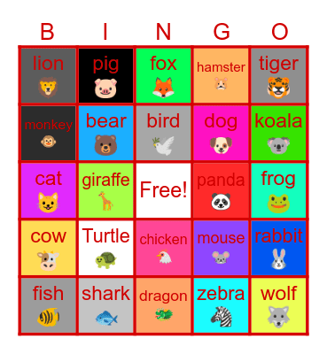 animal Bingo Card