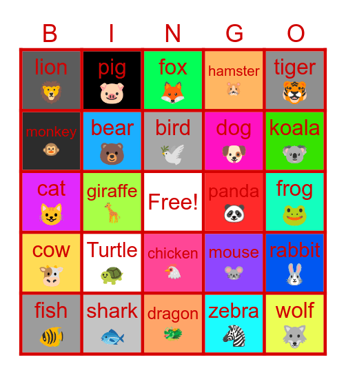 animal Bingo Card
