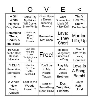 LOVE SONG MUSIC BINGO Card