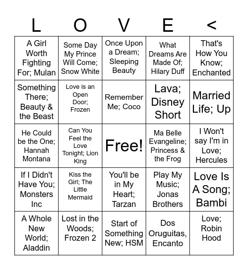 LOVE SONG MUSIC BINGO Card