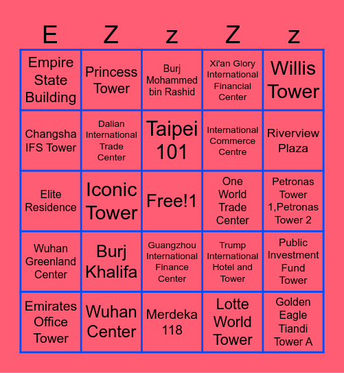 Tallest Buillding in the World Bingo Card