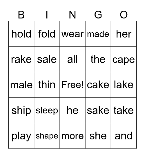words Bingo Card