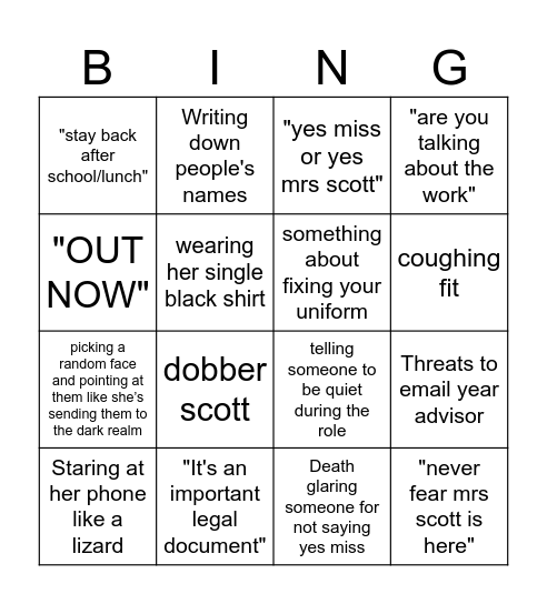 Mrs scott bingo Card