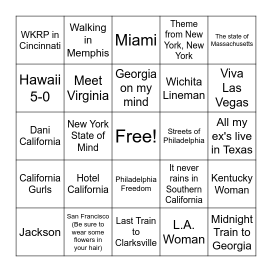 Geography Grooves Bingo Card
