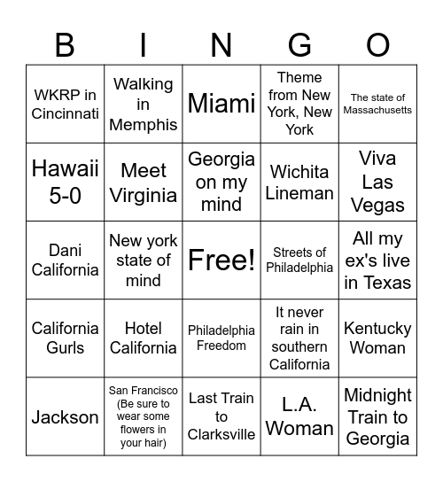 Songs with cities or states in the title Bingo Card