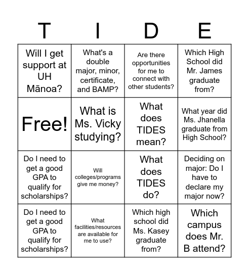 TIDES: College Overview Bingo Card