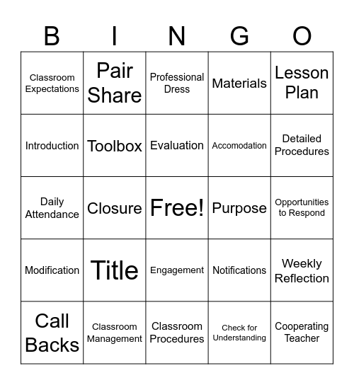 Practicum Bingo Card