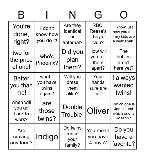 Nicole's baby shower Bingo Card