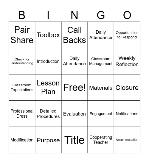 Practicum Bingo 1 Bingo Card