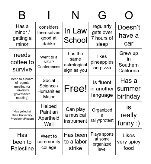Southern California SJP Retreat BINGO Card