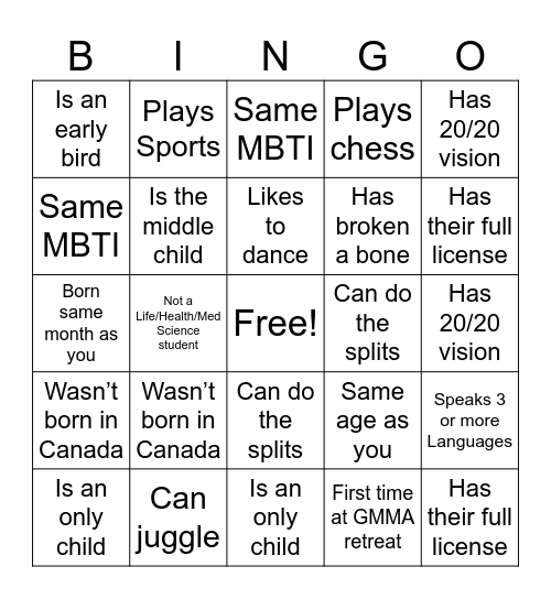 GMMA BINGO Card