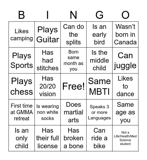 GMMA Bingo Card