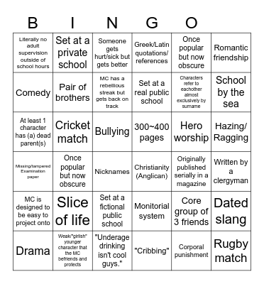 19th century English schoolboy story bingo (Expanded Edition) Bingo Card