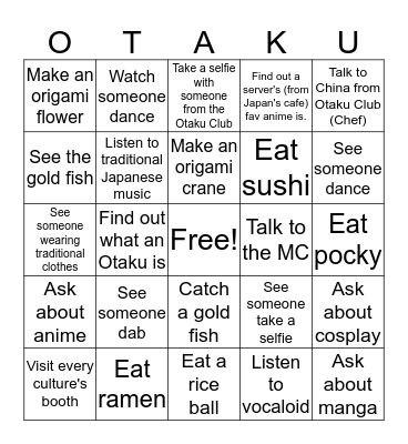 Multicultural Festival - Japan (Otaku Club)  Bingo Card