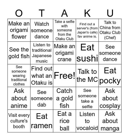 Multicultural Festival - Japan (Otaku Club)  Bingo Card