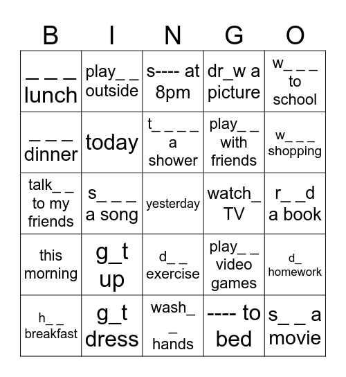 past simple yesterday Bingo Card