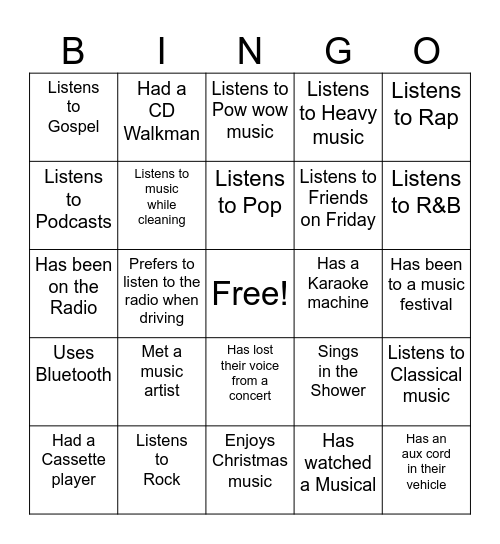 Music/ Audio Bingo Card