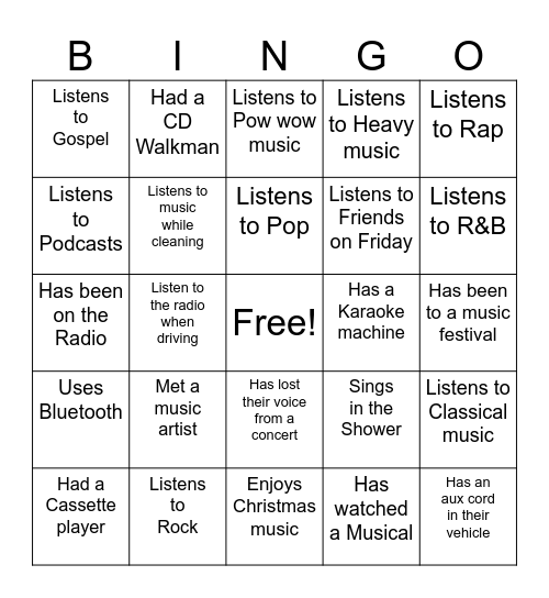 Music/ Audio Bingo Card