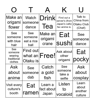 Multicultural Festival - Japan (Otaku Club)  Bingo Card