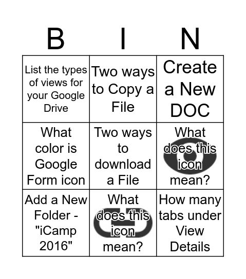 Beginner Google Drive Bingo Card