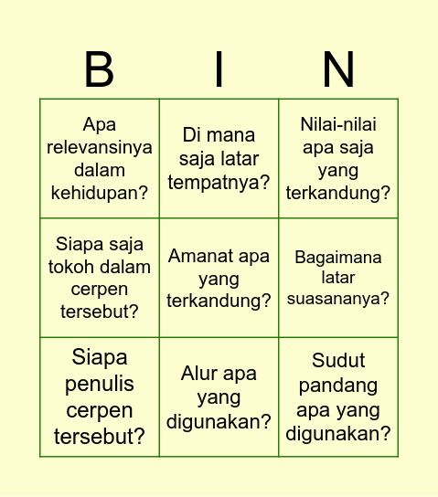 Cerpen Bingo Card