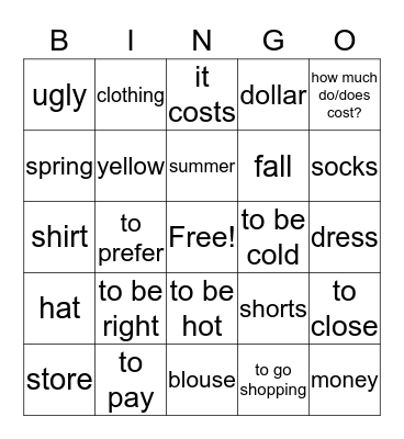 Unit 4 Lesson 1 Bingo Card