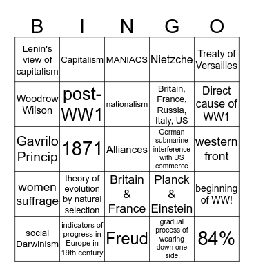 MEH: IMPERIALISM, PROGRESS, DISQUIETUDE, WW1 Bingo Card