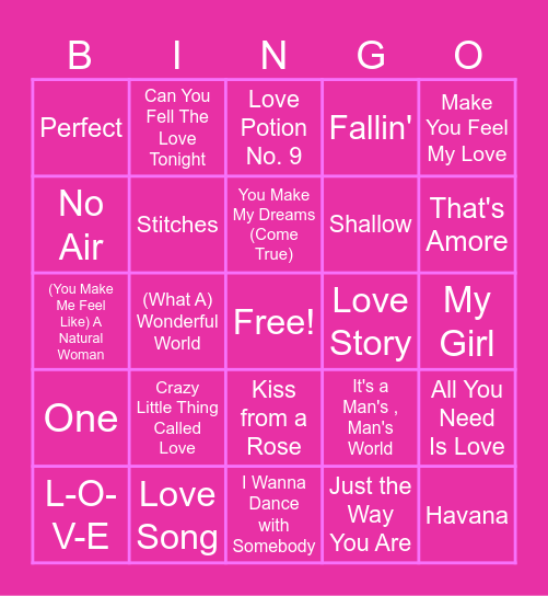 FEB 2024 BB Valentine's Music Bingo Card