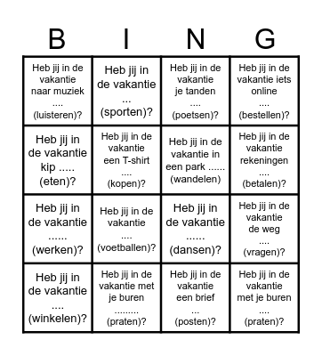 Wat heb jij in de vakantie gedaan? Bingo Card
