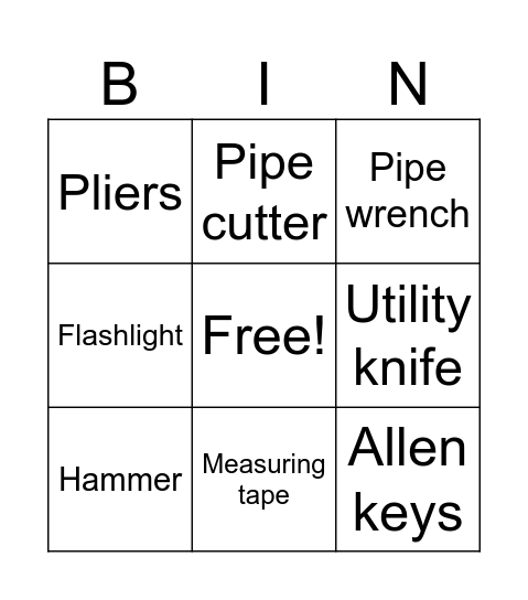 Plumbing Tool Bingo Card