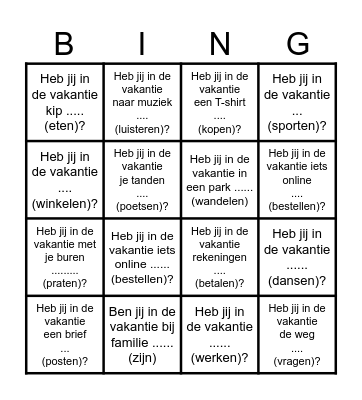 Wat heb jij in de vakantie gedaan? Bingo Card