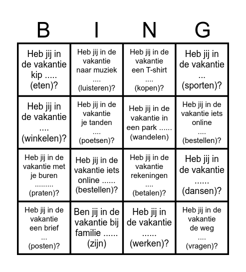 Wat heb jij in de vakantie gedaan? Bingo Card