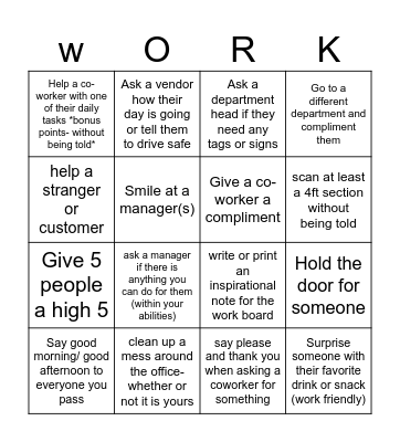 Kindness/Work Bingo Card