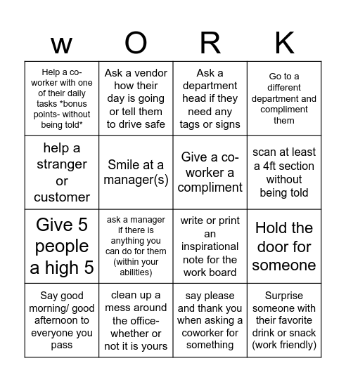 Kindness/Work Bingo Card