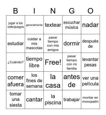 Despues de la escuela Bingo Card