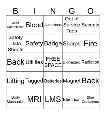 2016 Safety BINGO Card