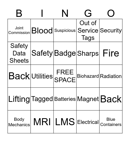 2016 Safety BINGO Card