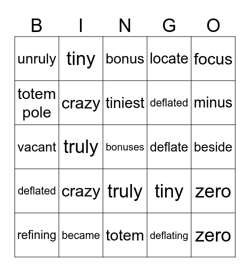 Open Syllables Bingo Card