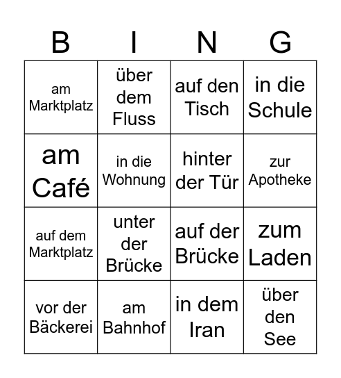 Präpositionen Bingo Card