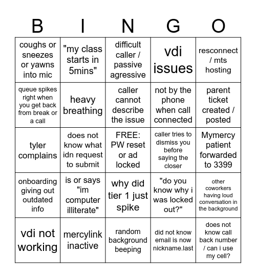 SERVICE CENTER BINGO Card