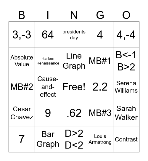 Math Bingo 2/16/24 Bingo Card