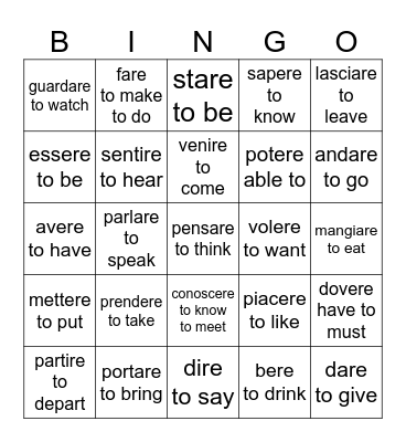 High Frequency Verbs Bingo Card