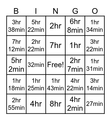 Elapsed Time BINGO Card