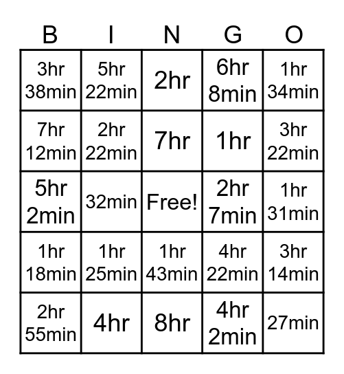 Elapsed Time BINGO Card