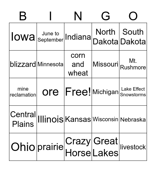 Environment of the Middle West Bingo Card